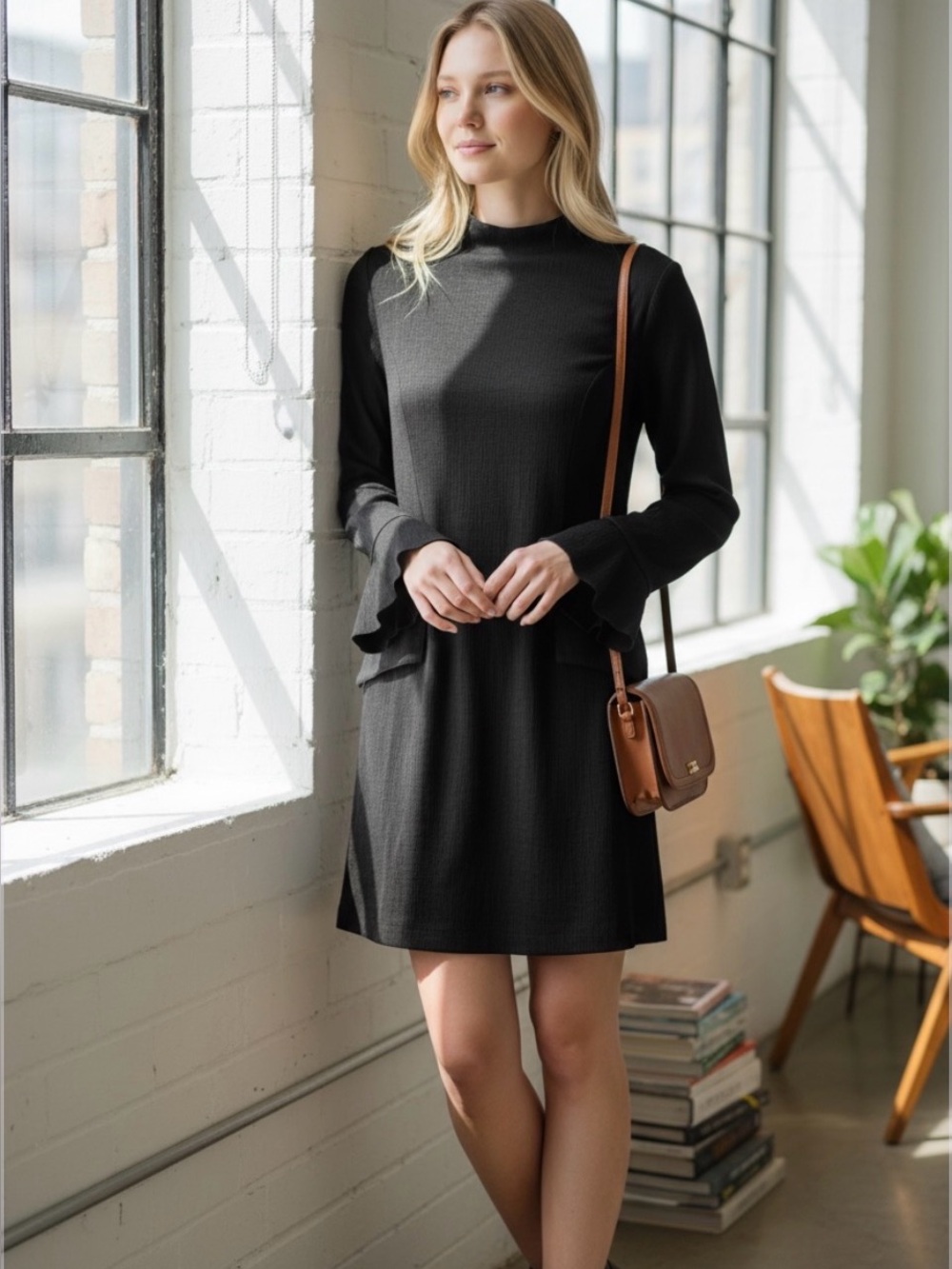Francesca's Collections Black Long Sleeve Flare Dress